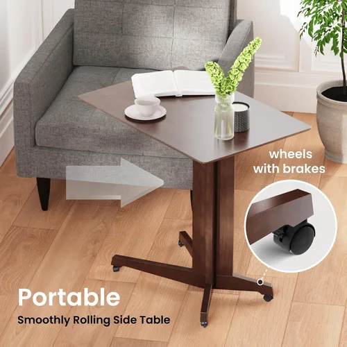Vista 4 de Mesa de bambú en forma de C con ruedas - Escritorio multifuncional para sofá y laptop, bandeja decorativa para sala de estar y dormitorio, mesa