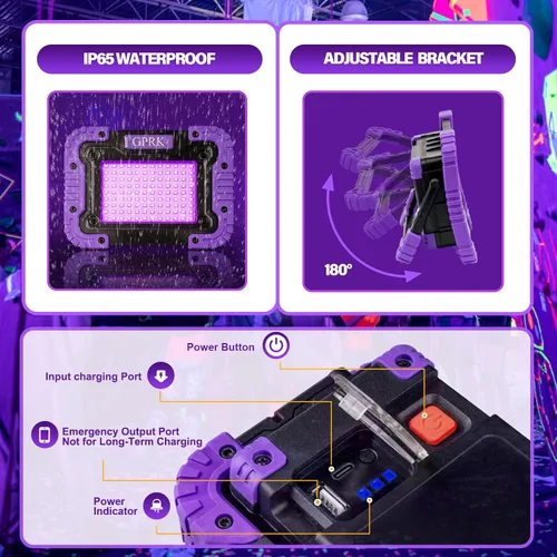 Vista 3 de Luz negra recargable - Luz negra UV alimentada por batería, portátil, luz de inundación ultravioleta inalámbrica de 395 nm para fiestas brillantes