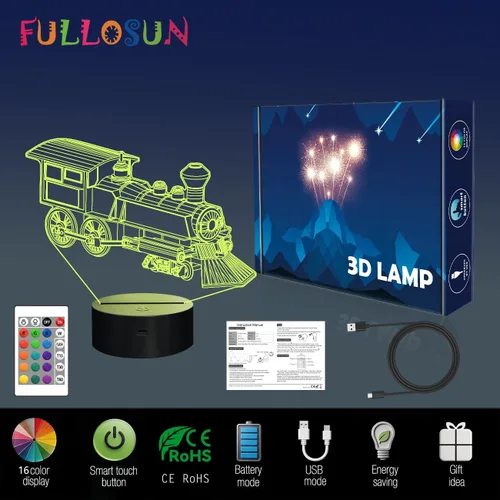 Vista 7 de FULLOSUN - Luz nocturna de tren, lámpara de ilusión 3D para niños, 16 colores que cambian con función de atenuación y control remoto, regalos