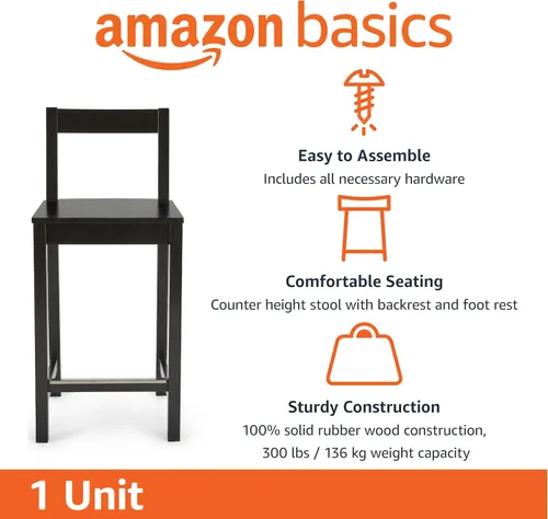 Vista 3 de Amazon Basics Taburete de bar de madera con respaldo 24", negro, 1 unidad