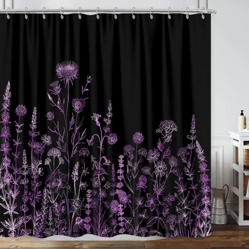 Vista 33 de Cortina de ducha de mariposa floral negra y dorada, cortina de ducha bohemia con diseño botánico de flores oscuras para baño con gancho, juego