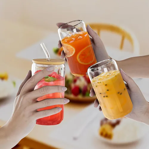 Vista 3 de 12 vasos de vidrio con tapas y pajitas de bambú, vaso de vidrio de 16 onzas, taza de café helado, vasos con forma de lata para café, té, batido
