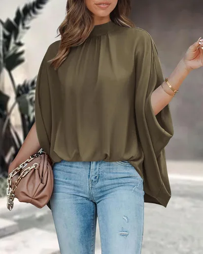 Vista 70 de BTFBM Blusas de verano para mujer, cuello alto falso, manga murciélago, holgadas, dobladillo alto y bajo, blusas informales de gran