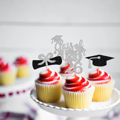 Vista 3 de Paquete de 24 adornos para cupcakes de clase de 2026 con purpurina 2026 para diploma de graduación 2026, selecciones para cupcakes para graduación