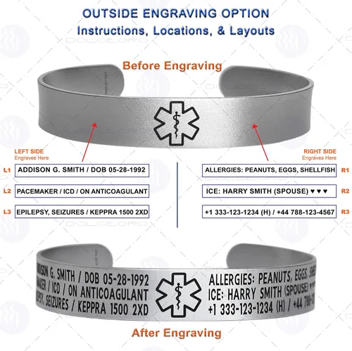 Vista 9 de Pulsera de identificación de alerta médica, acero inoxidable 316L, personaliza y personaliza, selecciona un tamaño de muñeca, de 6 a 9 pulgadas