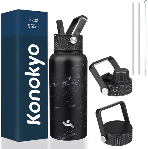 Vista 36 de Konokyo - Botella de agua aislada de 18 onzas, botellas deportivas de acero inoxidable con 3 tapas, verde militar