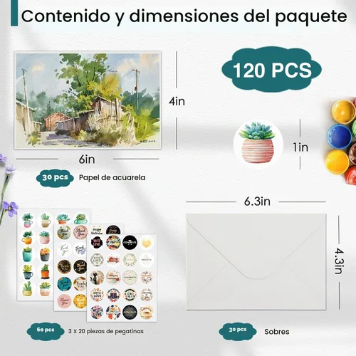 Vista 2 de Paquete de 30 tarjetas de acuarela en blanco con sobres de 4 x 6 pulgadas