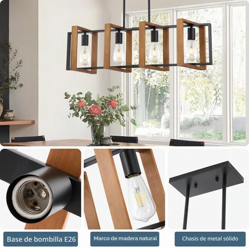 Vista 3 de Iluminación de isla de cocina de 35.4", lámpara de araña de 4 luces para comedor estilo granja, iluminación colgante moderna en negro, luces