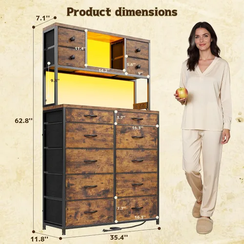 Vista 10 de Romorgniz Cómoda de 62 pulgadas de alto para dormitorio con luces LED y estación de carga, marrón Stable Steel Frame, Wood Top, Fabric Storage