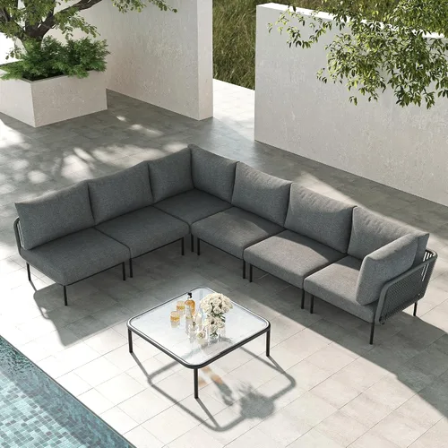 Vista 48 de LayinSun Juego de muebles de patio de aluminio de 7 piezas, sofá modular moderno con mesa auxiliar y cojín de grosor mejorado Gris claro
