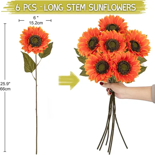 Vista 2 de Girasoles artificiales de seda grandes de color naranja, flores de otoño artificiales de tallo largo de 26 pulgadas, 6 piezas de girasoles falsos
