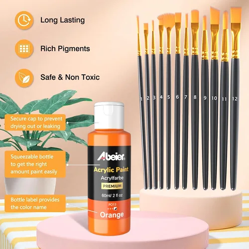 Vista 3 de ABEIER Juego de pintura acrílica, 24 colores (60ml/2oz) con 12 pinceles de pintura, no tóxico, resistente al agua, fuerte cobertura para niños