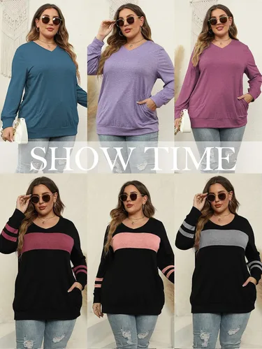Vista 5 de ROSRISS Plus-Size-Tops for Women Long Sleeve V Neck Shirts Oversized Pockets Tunics