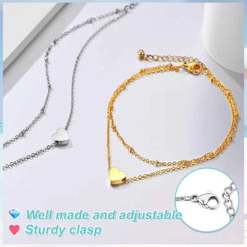 Vista 5 de ChainsPro - Tobillera ajustable de plata de ley S925 para mujer, pulsera de tobillo con corazón, luna, esposas, joyería para verano, acero