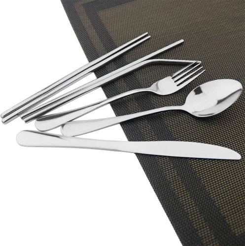 Vista 2 de JASHII Juego de cubiertos de 8 piezas portátiles, incluye cuchillo, tenedor, cuchara, palillos, pajitas, bolsa portátil para viajes, trabajo