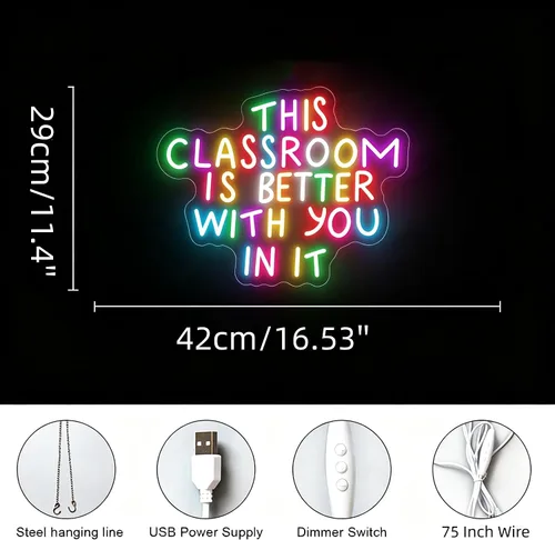 Vista 7 de Letrero de neón multicolor con texto en inglés «This Classroom is Better With You In It» para decoración de pared de aula, alimentado por USB