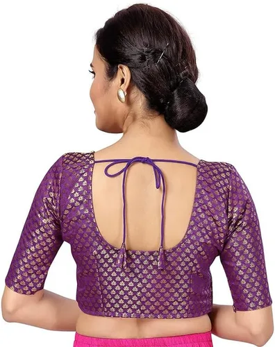 Vista 3 de Mujeres partido desgaste Bollywood poliéster brocado Readymade estilo sari blusa codo mangas
