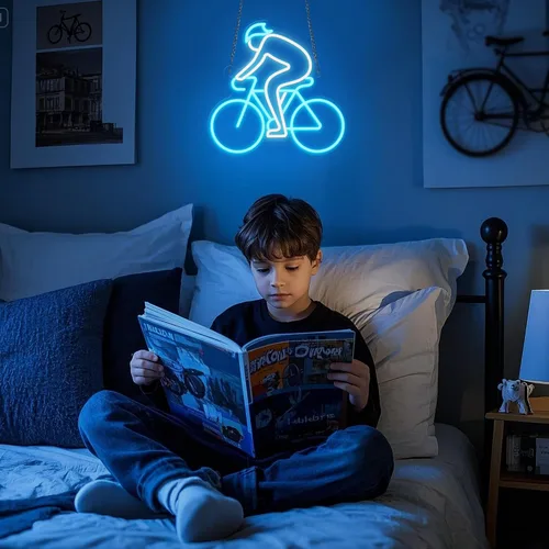 Vista 4 de CoolGift Mart Letrero de neón para bicicleta, decoración de pared definitiva para entusiastas del deporte, luz LED regulable para dormitorio, sala