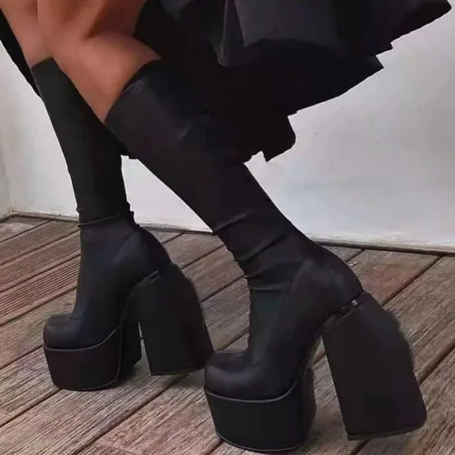 Vista 4 de Botas altas hasta la rodilla para mujer, tacón alto, punta redonda, cremallera lateral, estilo punk, botas de combate para mujer