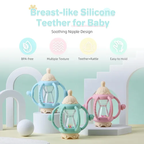 Vista 5 de Juguetes sensoriales Montessori para bebés, mordedores de silicona para bebés de 3 a 6 a 12 meses, regalos para recién nacidos, niños y niñas (azul)