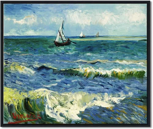 Vista 9 de Wieco Art Arte enmarcado negro paisaje marino en Saintes Maries por Vincent Van Gogh pinturas al óleo Reproducción modernas impresiones en lienzo