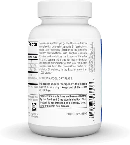 Vista 4 de Planetary Herbals Triphala Gold 550mg, limpiador para el bienestar del tracto gastrointestinal, 60 cápsulas vegetarianas