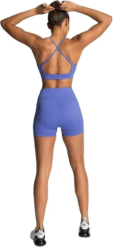 Vista 6 de Trajes de yoga sin costuras para mujer, 2 piezas, para gimnasio, sin mangas, tirantes delgados, brasier deportivo de cintura alta, pantalones cortos