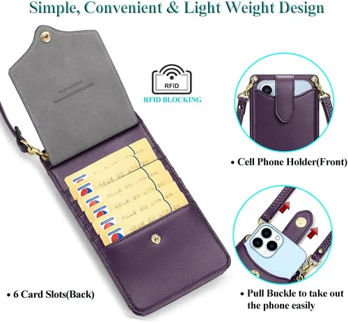Vista 3 de Peacocktion - Bolso pequeño para teléfono celular, para mujeres, minibolso de hombro ligero para cruzarse por el cuello, con ranuras para tarjetas