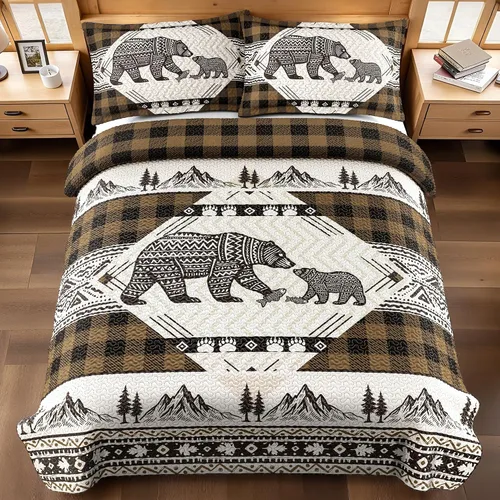 Vista 24 de Juego de 3 piezas de colcha tamaño King para cabaña, reversible, navideño, rústico, de microfibra, suave, ligera, de granja, con 2 fundas de 2-Oso