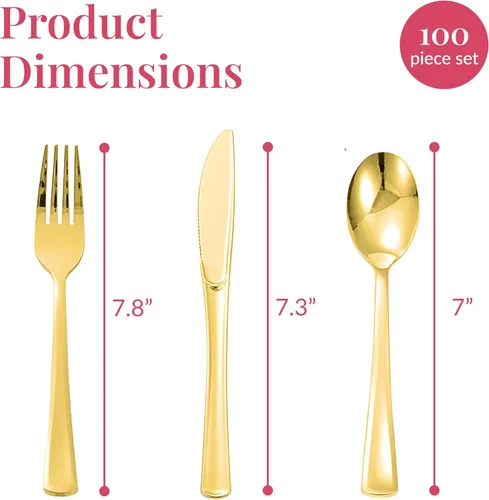 Vista 3 de Prestee Juego de cubiertos de plástico dorado de 100 piezas, 25 utensilios de plástico preenrollados con tenedores, cuchillos, cucharas