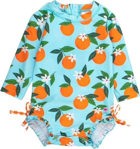 Vista 36 de RuffleButts - Traje de baño de una pieza con protección solar UPF 50+, camiseta de protección floral estampado, manga larga, con cierre zipper