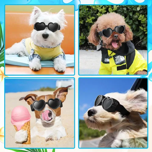 Vista 4 de Gafas de sol para perros de raza pequeña, protección UV con correa ajustable, gafas en forma de corazón para impermeables, resistentes al viento
