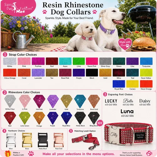 Vista 5 de Collar de perro con diamantes de imitación personalizable, hebilla grabada y opciones de correa, hecho en Estados Unidos, collares brillantes