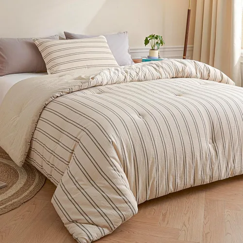 Vista 2 de Cyusri Juego de edredón de algodón a rayas tamaño individual, juego de ropa de cama suave y ligera de 2 piezas con 1 funda de almohada, reversible