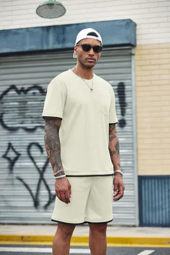 Vista 57 de COOFANDY Conjunto de camisa y pantalones cortos de gofre para hombre, conjunto de 2 piezas, conjunto casual de verano con bolsillos