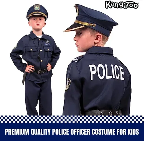 Vista 4 de Kangaroo Disfraz de policía para niños, sombrero de policía, camisa, pantalones, cinturón, funda y silbato, disfraz de policía para niños y niñas
