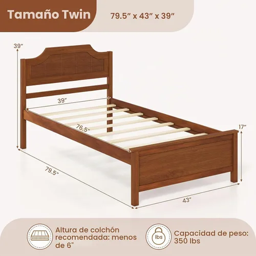 Vista 2 de GIANTEX Twin Size Wooden Bed Frame with Headboard, Wood Slat Support Farmhouse Platform Bed with Heavy Duty Mattress Foundation, Under-Bed