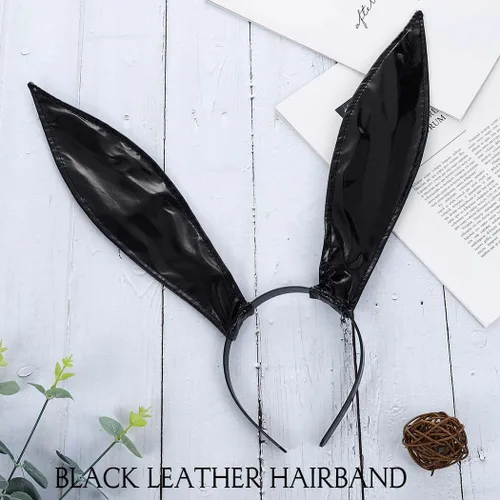 Vista 2 de Diadema de cuero negro con orejas de conejo, diademas largas con orejas de conejo, accesorios para el cabello para bailes de máscaras, discotecas