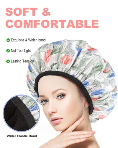 Vista 4 de Aquior Gorro de ducha con forro de rizo para mujer, gorro de ducha reutilizable, triple capa impermeable, extra grande para mujeres de pelo largo