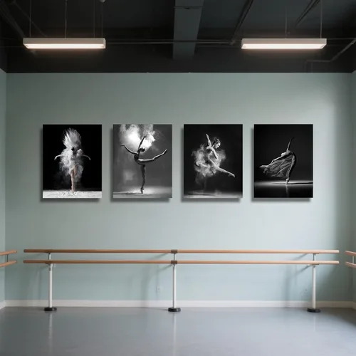 Vista 4 de NCYEL 4 piezas de arte de pared de ballet en blanco y negro, lienzos de chica bailando, elegante decoración de pared de danza, póster moderno