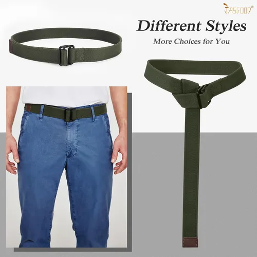 Vista 2 de JASGOOD Cinturones de tela de lona para hombre, cinturones casuales de tela con hebilla de doble anillo negro, paquete de 2