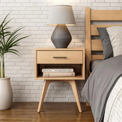 Vista 7 de Camaflexi Mid Century Modern One Drawer Nightstand/Solid Wood/Partial Assembly Required - Light Oak Finish