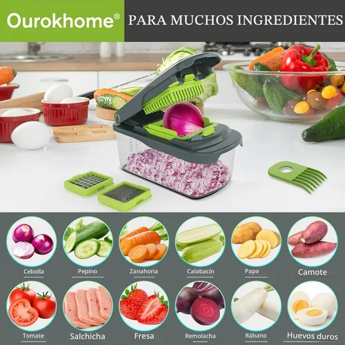 Vista 8 de Picadora de verduras Ourokhome con recipiente, picadora manual de verduras con 2 cuchillas de corte para tiras de papa, cubos de cebolla, palitos