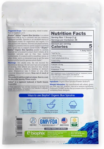 Vista 8 de biophix Blue Spirulina en polvo orgánico Blulina 2 onzas – Algas espirulina orgánica en polvo 56 porciones – Suplemento superalimenticio – Pigmento
