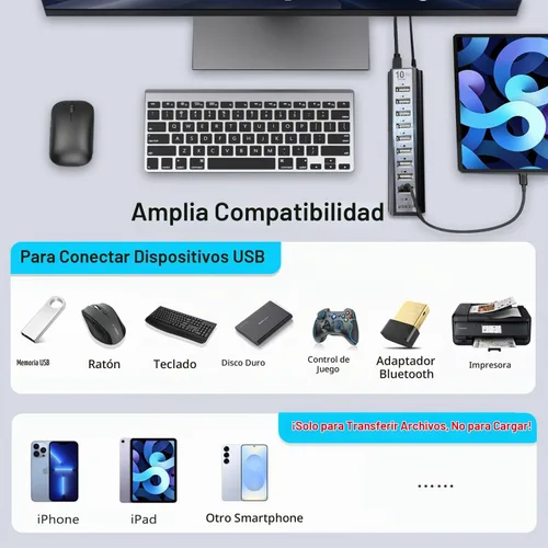 Vista 3 de Hub USB de 10 puertos, extensor de concentrador USB adaptador divisor de red con alimentación, para MacBook, PC, laptop, ratones, teclados