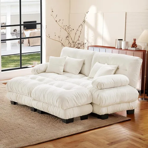 Vista 65 de Reposapiés Otomano Tapizado de Terciopelo con Cojín para Sofá Seccional Sofá 300 libras para Sala de Estar (Beige)