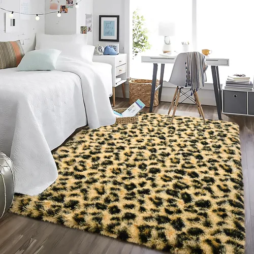 Vista 3 de HOMORE Alfombras esponjosas de leopardo de alta calidad, alfombra con estampado de leopardo para sala de estar, dormitorio, alfombra suave