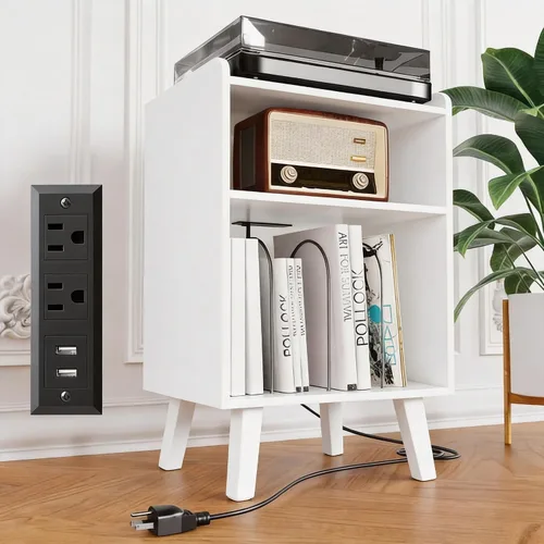 Vista 10 de Soporte para tocadiscos, plataforma giratoria con almacenamiento de discos y estación de carga y puertos USB, mesa para tocadiscos con divisor