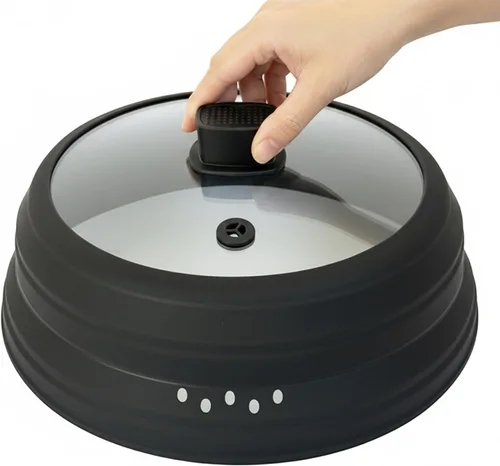 Vista 9 de Cubierta de vidrio contra salpicaduras para microondas, tapa plegable para protección de salpicaduras de alimentos, con mango de silicona para tazón