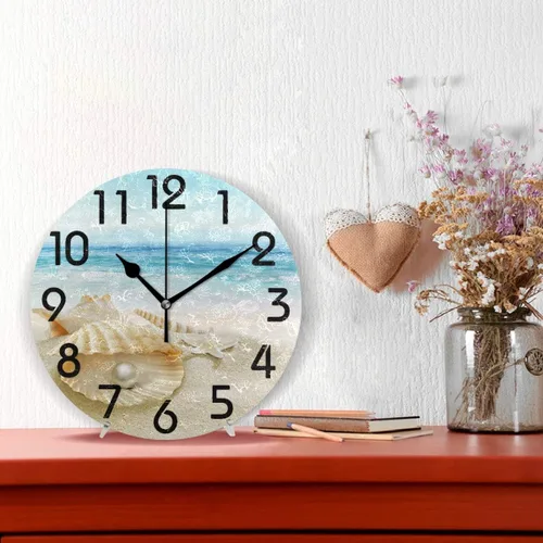 Vista 2 de Naanle Reloj de pared redondo con estampado de perlas grandes, diseño de concha de playa de verano 3D, elegante, decorativo, de 9.5 pulgadas